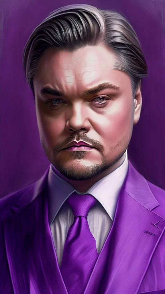 leonardo dicaprio portrait ultra realistic in suit, purple colors