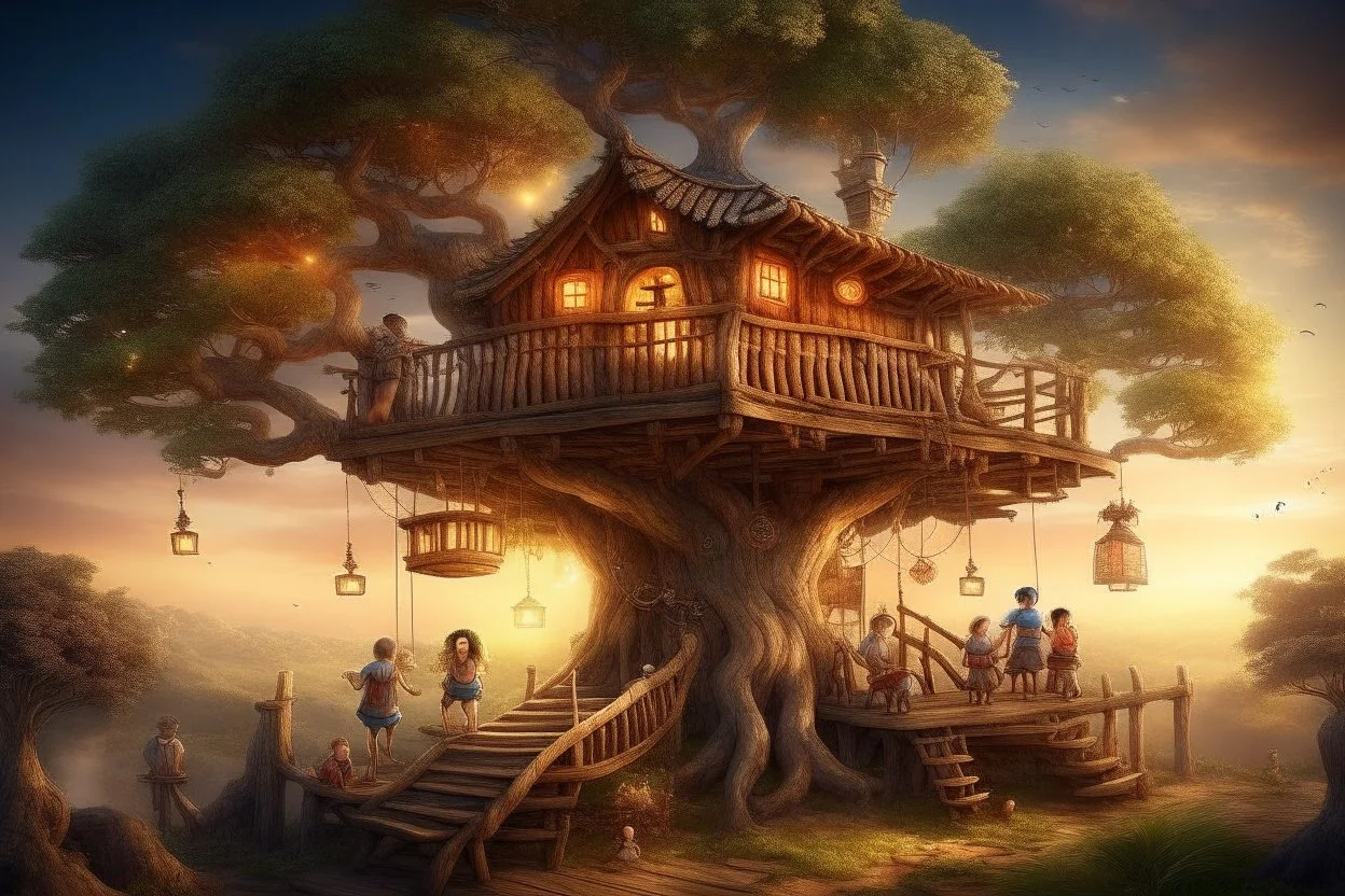 The tree of Heavens, huge tree floating heaven, warm and cozy, people living in huts on the tree, firelights, beautiful, Serene, Warm place