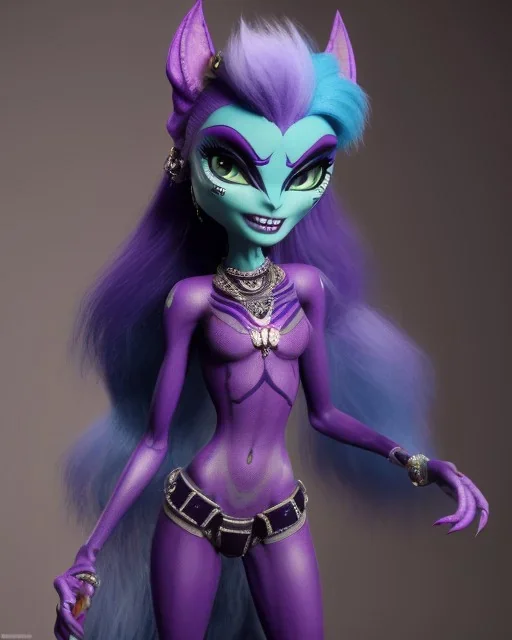 Character from Monster High, gender female, gargoyle, body color blue, eye color purple, clothing botanical