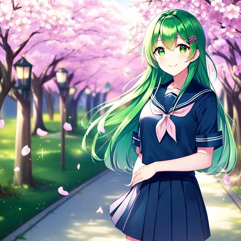 girl, masterpiece, best quality, cinematic lighting, detailed outfit, perfect eyes, long hair, green hair, green eyes, hairclip, outdoors, ray tracing, god rays, in spring, cherry blossom, sparkle, depth of field, smile, school outfit,