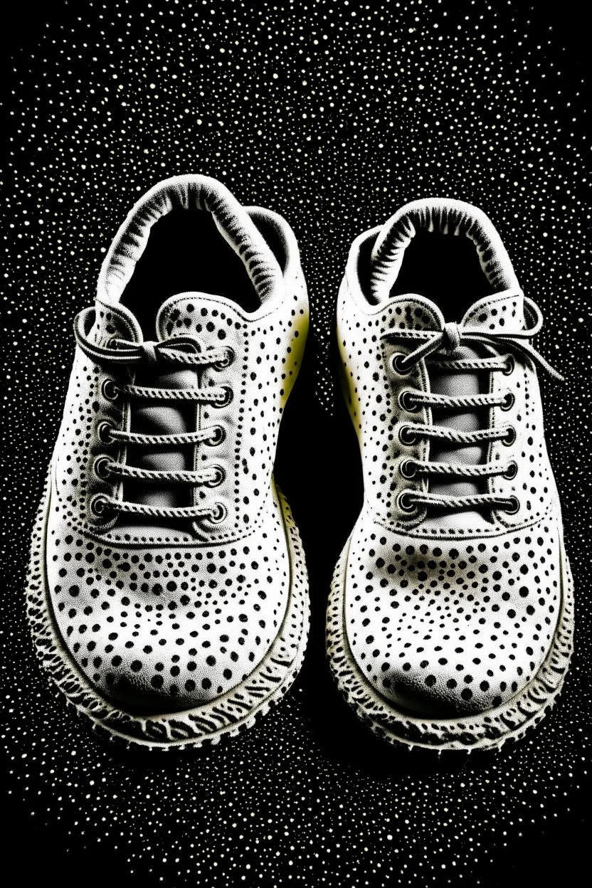 The footprints of two shoes. The tread pattern is white and made entirely from the shapes of ghosts in the style of Salvador Dali’s “the face of war”. Use no more than 4 colours.