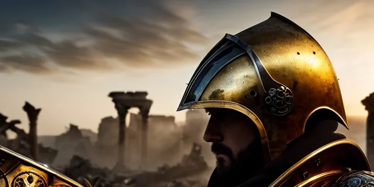 apocalypse, chaotic, magnificent, realistic, colorful, massive, epic, ray tracing, cinematic, 8k, HD, Ultra High Definition, photo film, film grain, hyper-detailed, 2 old tarnished ornate rusty Hyper detailed Gold Medieval Knight helmet with glass visor down and matching suit of armor, background with colorful destroyed ancient ruins