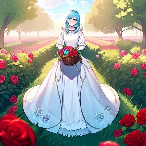 very gorgeous anime girl wearing a yellow and white dress ,standing in a meadow of flowers, spreading rose pedals on the ground. beautiful eyes and a stunning smile, blue eyes, two blue eyes, perfect nose and rosy cheeks and red lips. girl is holding a basket with flowers in it. girl has flawless face. simetrical face