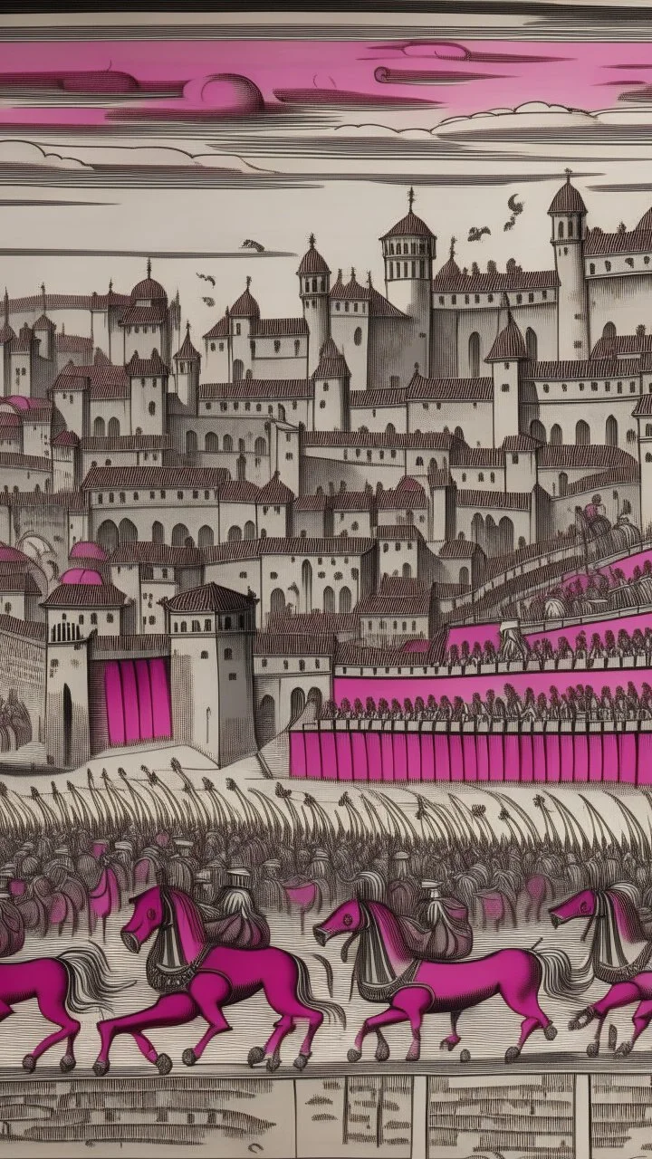 A grayish magenta noisy city designed in Bayeux tapestry painted by Giovanni Battista Sassi