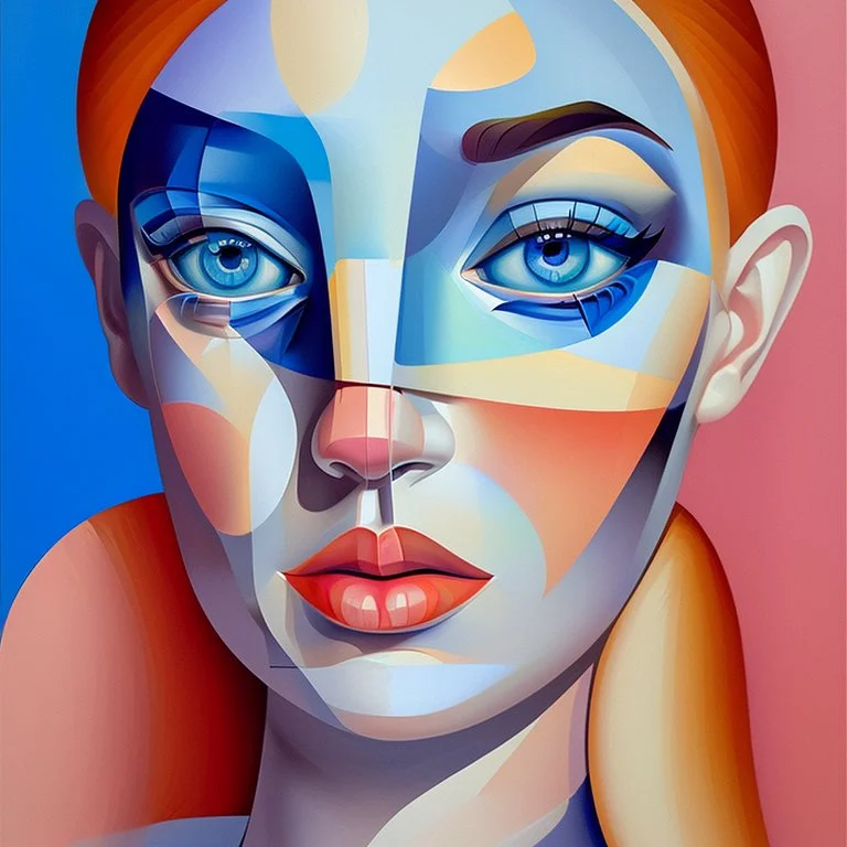 a painting of a woman's face with blue eyes, a cubist painting by Elizabeth Murray, behance, cubism, picasso, cubism, art