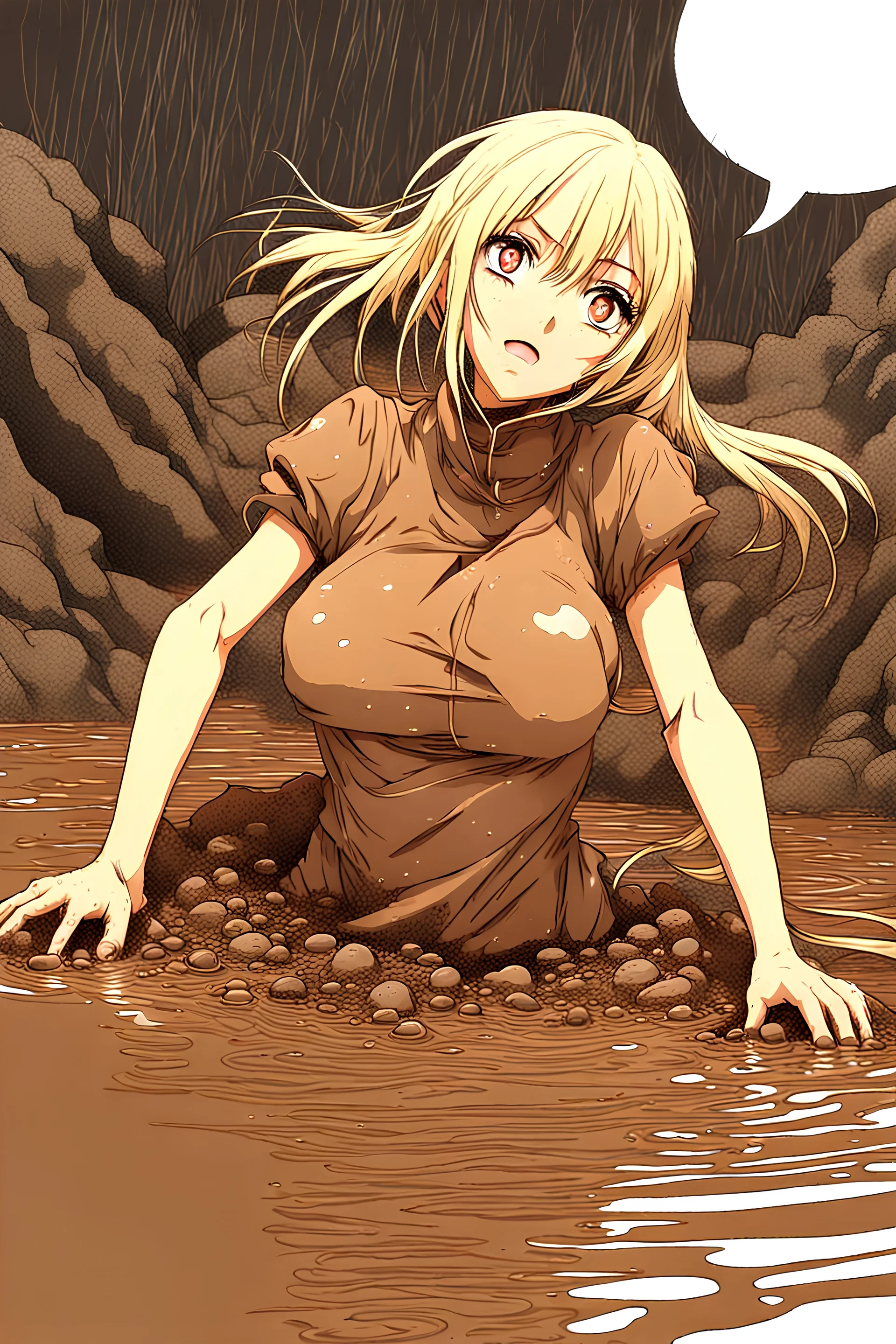 Anime girl sinks in brown opaque grainy mud