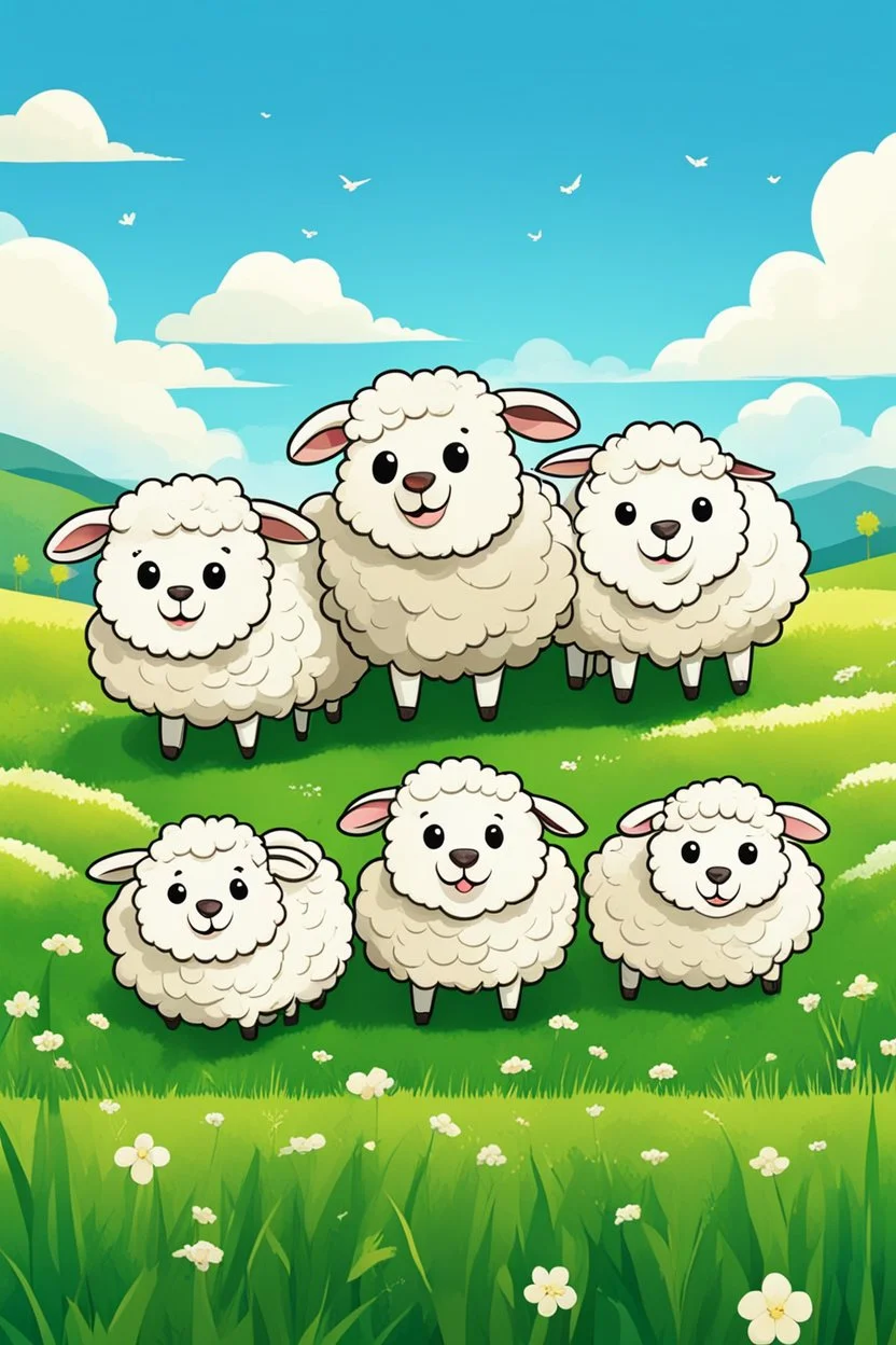 create an image with 4 cute sheep with the typography, happy face "sheep of faith", 2d, cartoon style, chibbi, kawai, a green field and blue sky in the background