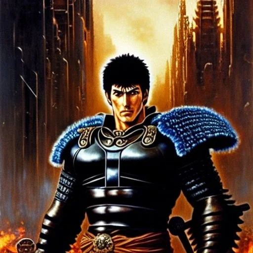 portrait 'Kenshiro-Fist of the north star',ancient metal armor ,painting by gaston bussiere, greg rutkowski, yoji shinkawa, yoshitaka amano, tsutomu nihei, donato giancola, tim hildebrandt, oil on canvas, cinematic composition, extreme detail,fit full head inside picture,16k