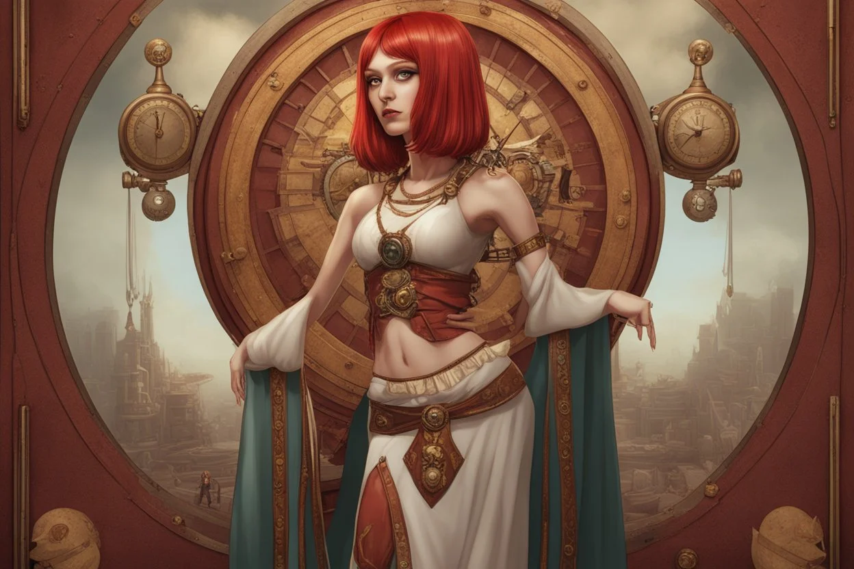 a skinny Cleopatra, with a bob red hairstyle, standing in a steampunk setting.