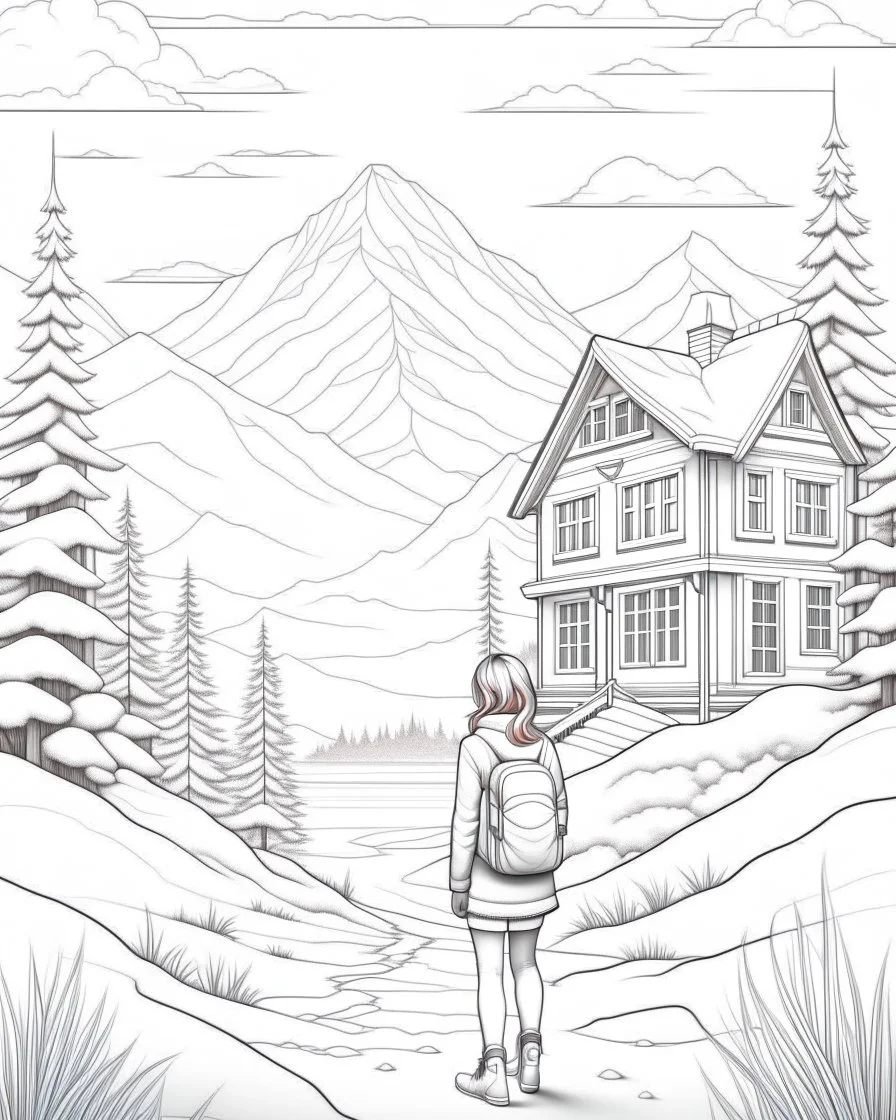 coloring page: Winter wonderland: A serene scene unfolds with a girl in her cozy mountain home, surrounded by the first snow. The real-cartoon fusion brings a trending ArtStation theme to life, captured in sharp focus and studio photo quality. Intricate details showcase the nostalgia of the moment. (Aspect ratio: 16:9, Content type: Art, Style: Real-cartoon, Mood: Serene and Nostalgic)