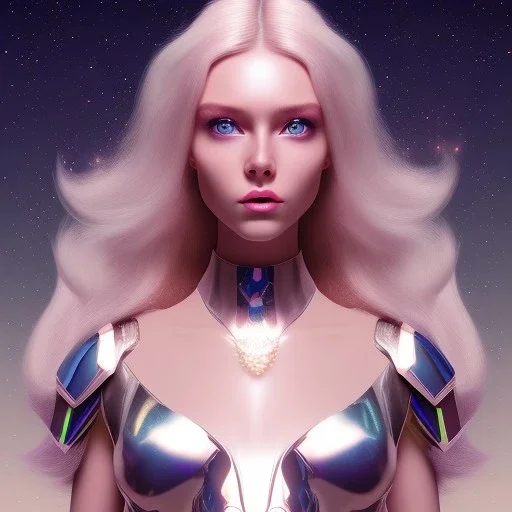 Beautyful woman,galactic , cosmic armor,hair long blond, blue eyes, happy cosmic, bright colors, blue, pink, realistic, photo real, clear sunny background, highly detailed, high contrast, 8k high definition, unreal engine 5, extremely sharp detail, light effect, sunny light background