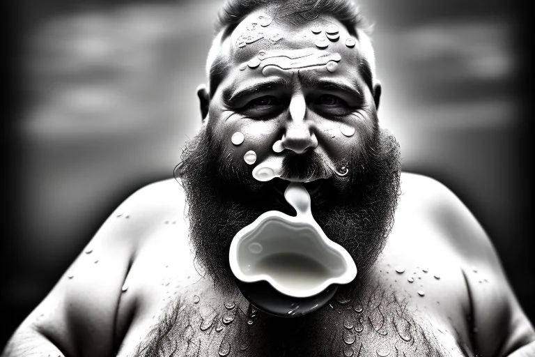 close up photography, dirty burly chubby Italian strong 48 years old homeless man, full of splashing milk in the face dripping on the beard, with dirty tank top, emotional eyes, manly chest, photo, Canon EOS, lens 35mm, natural lights, 8K, in the morning