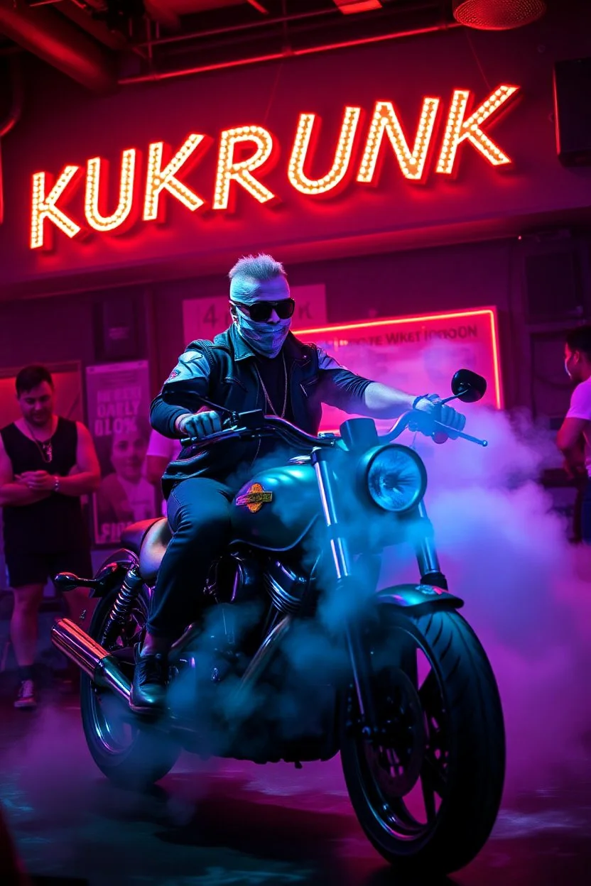 An "hard MC guy" performing at dance club, his name is "Benny" Very hard looking, motorbike Harley davidson on stage, Neon lights and smog, "KUKRUNK" sign on the wall