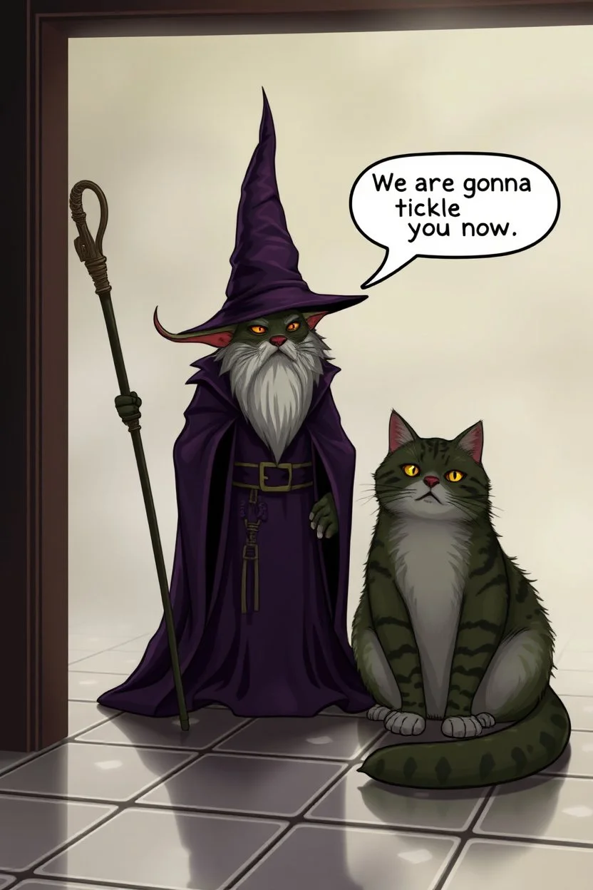 Wizard,snakebat and fat cat, add some fucking realism with no mutants, and a foggy background, and shiny tiled floor, and speechbubble saying "We are gonna tickle you now."