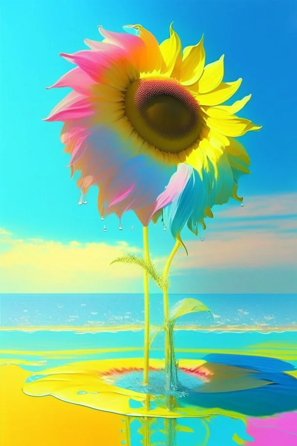 Morning, sunshine, light blue color, clear sky, bright sea, sunflower, pink, yellow, orange, green, rain