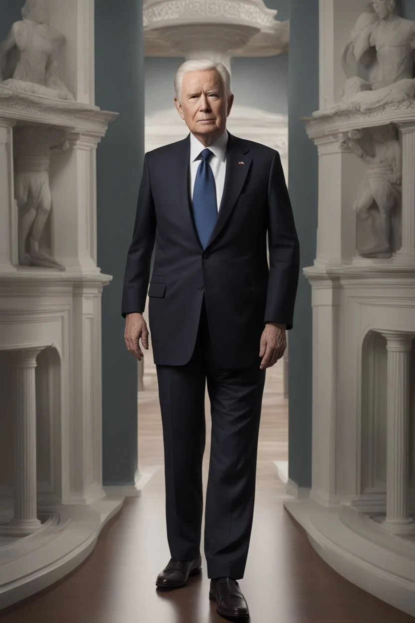 A full body portrait of a president in his 70s. From the future. looks nice and calm