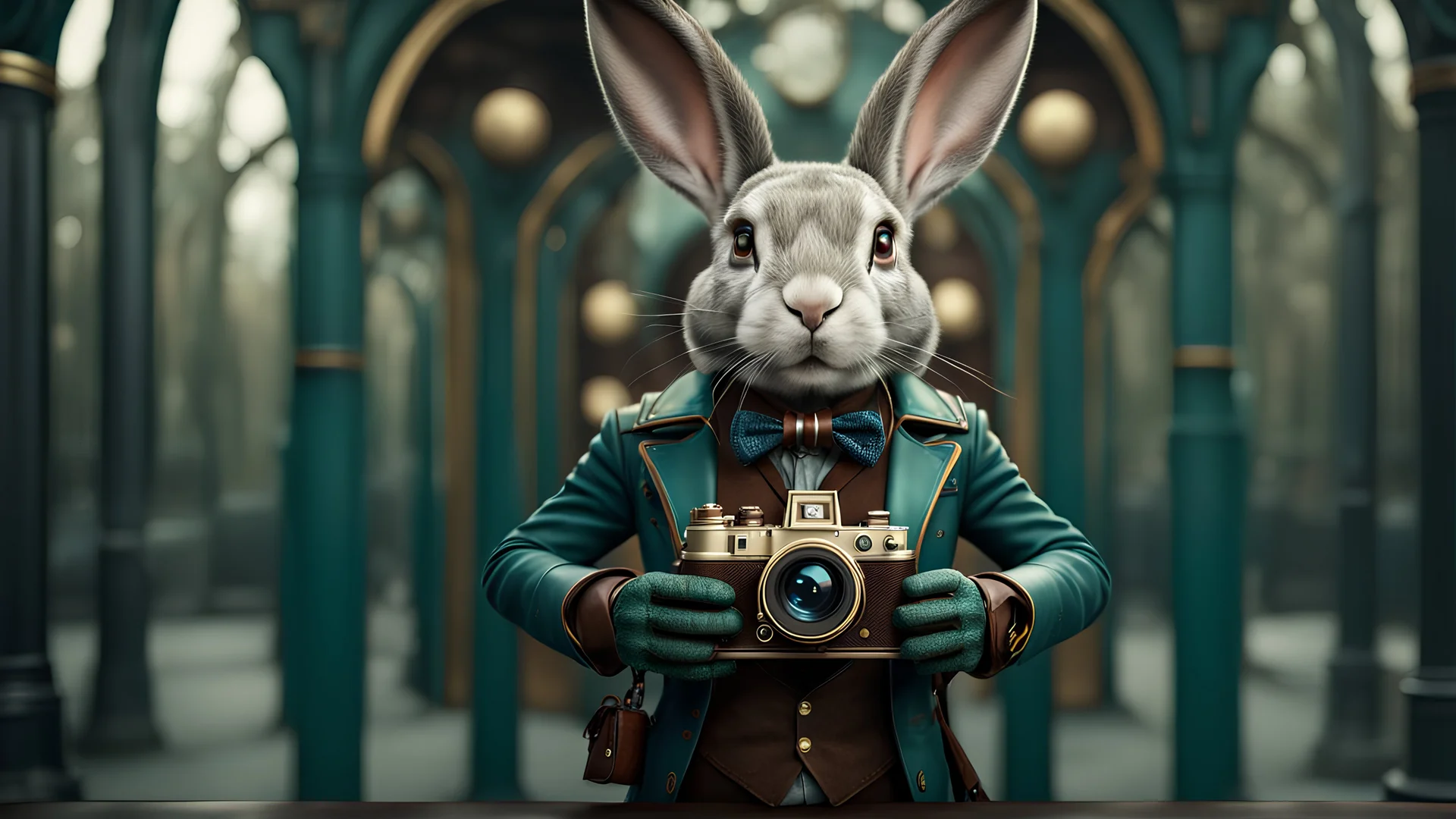 High-end hyperrealism epic rabbit hero holding a steampunk camera, Steampunk-inspired cinematic photography, symmetry forest alley background, Aesthetic combination of metallic sage green and titanium blue, Vintage style with brown pure leather accents, Art Nouveau visuals with Octane Render 3D tech, Ultra-High-Definition (UHD) cinematic character rendering, Detailed close-ups capturing intricate beauty, Aim for hyper-detailed 8K