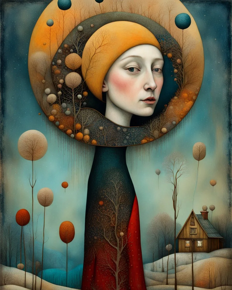 Richly textured Hieronymus Bosch, Catrin Welz-Stein, William Turner, Zdzisław Beksiński, Jacek Yerka oil on canvas zentangle line art style mix, surreal frosted fantasyland winter oceanscape, hoarfrost on trees, high grasses, snow and cottages, withered flowers, pale sunrise; paint splatter, beautiful vibrant colors, reflections, SK, flying seagulls, dramatic clouds, snowfall.
