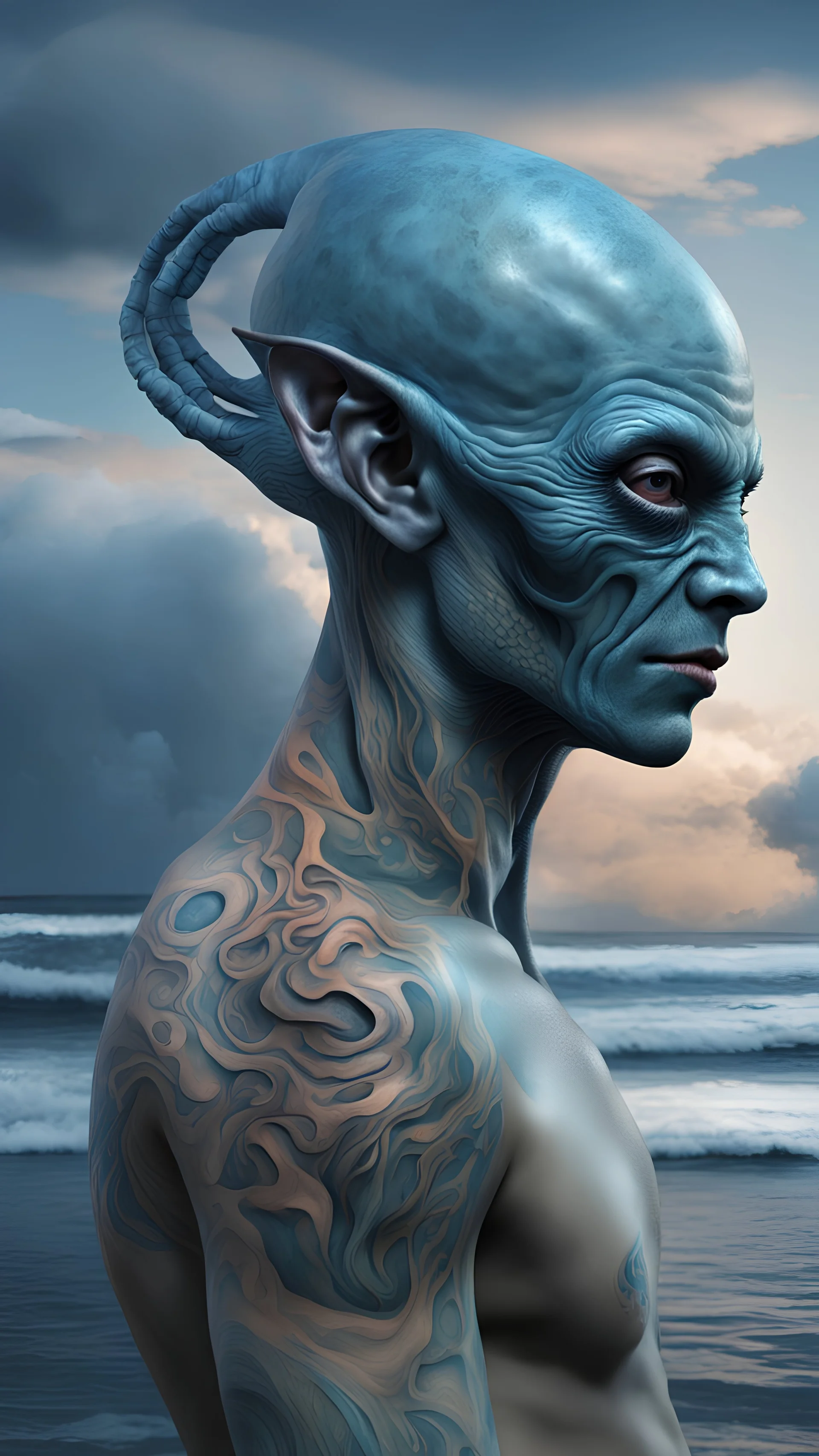 professional portrait of a alien race tatooed typ, the head with 3d bony growths under the skin on the head normal face full body side view the backdrop sea and clouds the sea is ocean_blue the male is natural colored , abstract beauty, approaching perfection, delicate face, dynamic, moonlight, highly detailed, digital painting, artstation, concept art, smooth, sharp focus, illustration, art by Carne Griffiths and Wadim Kashin