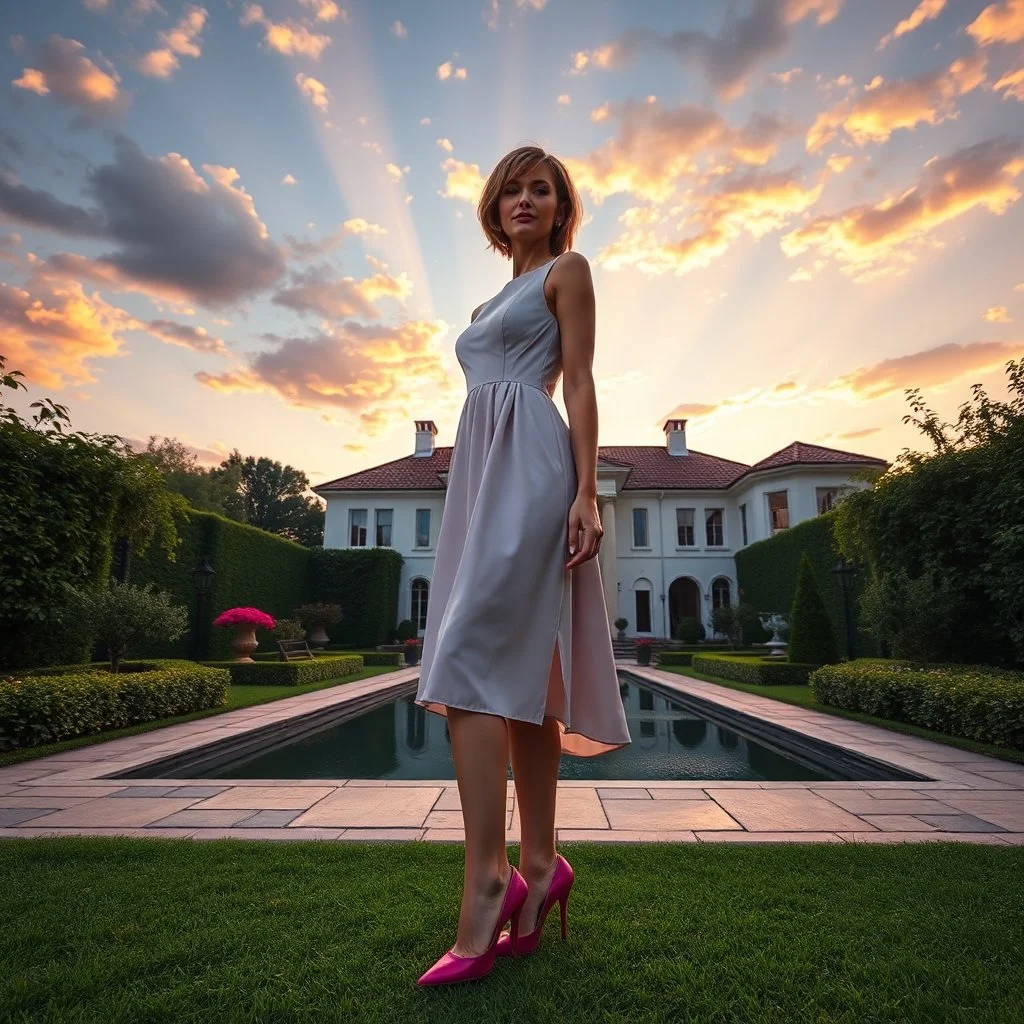 create full body lady ,short hair pretty dress standing pose pretty high heels ,midy dress,standing in front of a beautifull villa garden sun set sky with pretty clouds and godrays