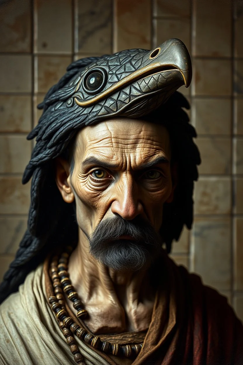 master oil painting by Rembrandt, realistic rendering Portrait of the Apkallu sage who were sent by the god Ea to teach civilization to humanity before the flood. They were depicted as half-human and half-fish or bird, and were associated with wisdom, magic, and culture. blurred tile pattern background, brightened edges to give a sense of depth