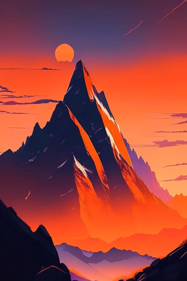 big rock mountains with and orange dawn sky with no clouds close montains anime style