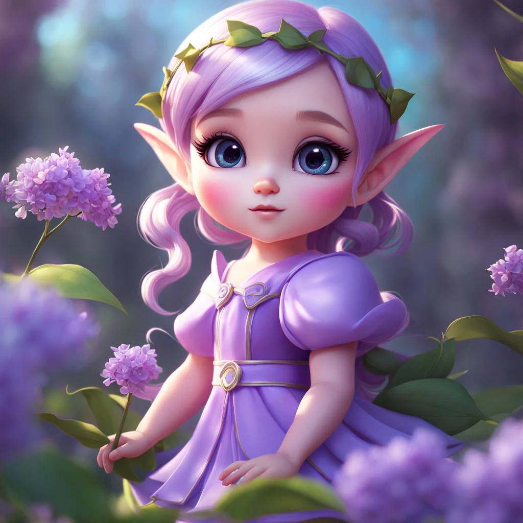 A little elf girl, with wings, adorable, big beautiful eyes, in a lilac dress, in lilac flowers, cartoon, chibi, close-up, bright colours, digital graphics, fantasy, unreal engine, blender art by artgerm, perfect composition, octane rendering, masterpiece, sharp focus, high detail, art station, concept art, perfect composition, a model of ultra-high quality and clarity, perfect play of light and shadow, 32k UHD, hyper-detailing, complex artistic maste