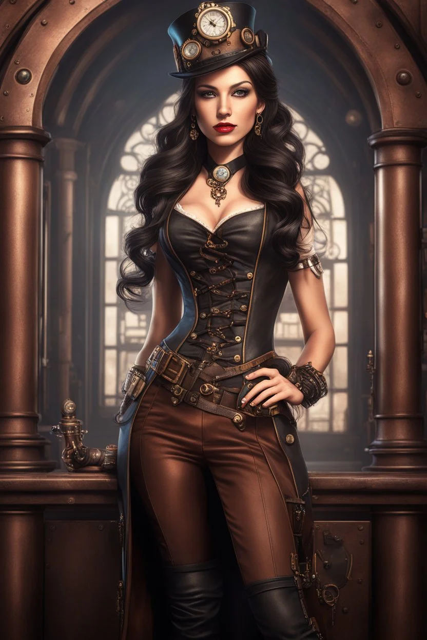 Photorealistic full-height photo of a fantasy skinny pin-up girl in steampunk clothing with long, dark hair