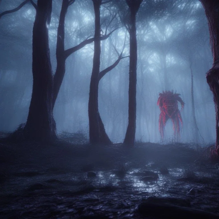 horror red orge in blue forest