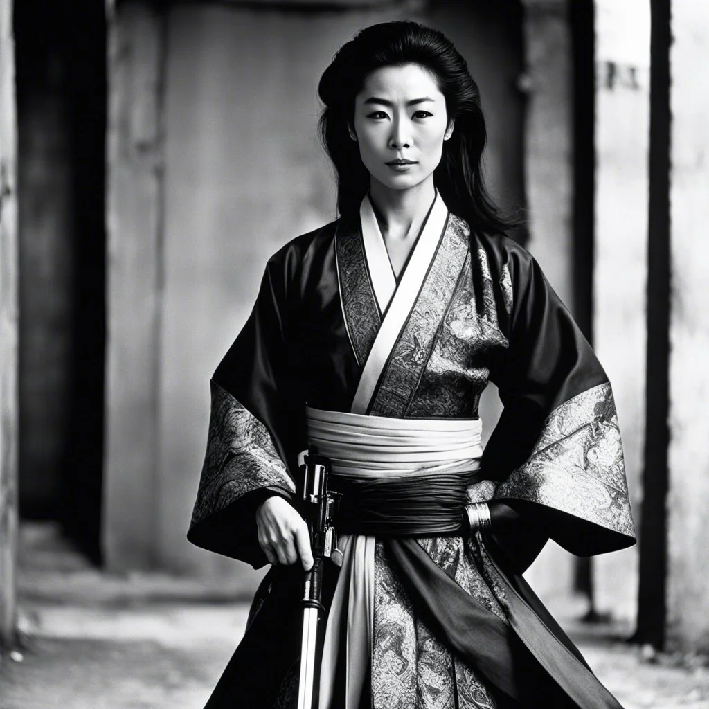 [photo of youthful Michelle Yeoh by helmut newton] The guardian stands tall, Kimono turned combat gear, Beauty wields power. A weapon in each hand: Skillful hands at work,Firearm and blade in balance, Enforcer's resolve. Her strength emanates, Ancient grace meets modern might, she attacks