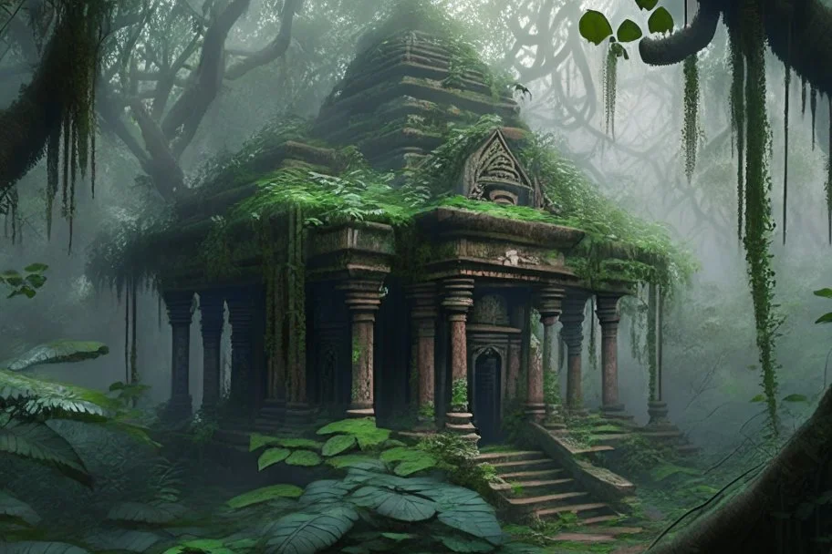 An old wooden Hindu temple overgrown with vines, in a forest, mist