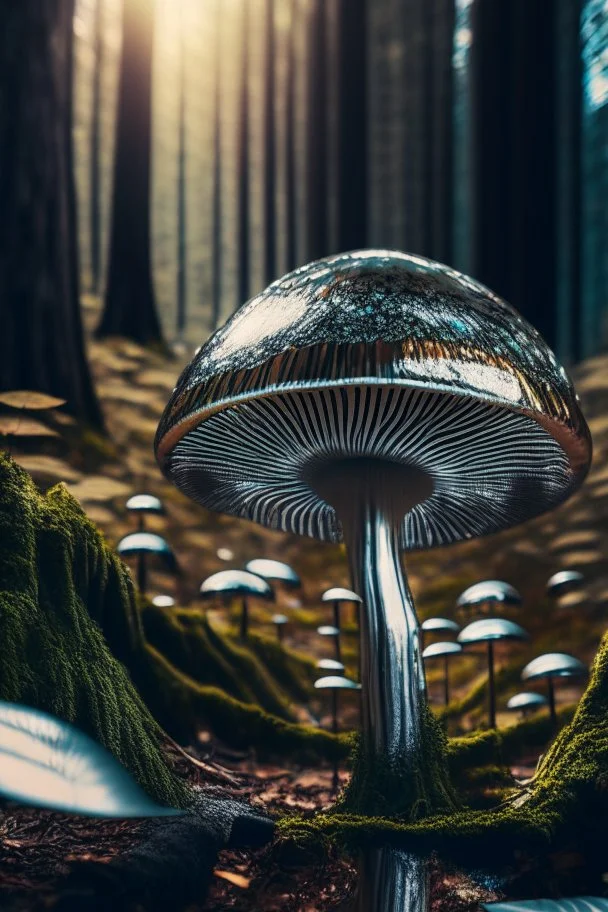 chrome mushroom in prehistorical forest, 4 k, trending art, depth of field, high detail, high contrast