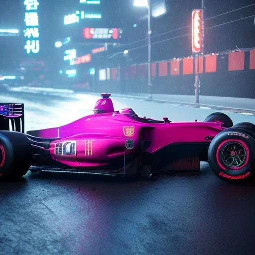 realistic formula 1 car; in an alternate universe in tokyo; cyberpunk; rain; neon signs