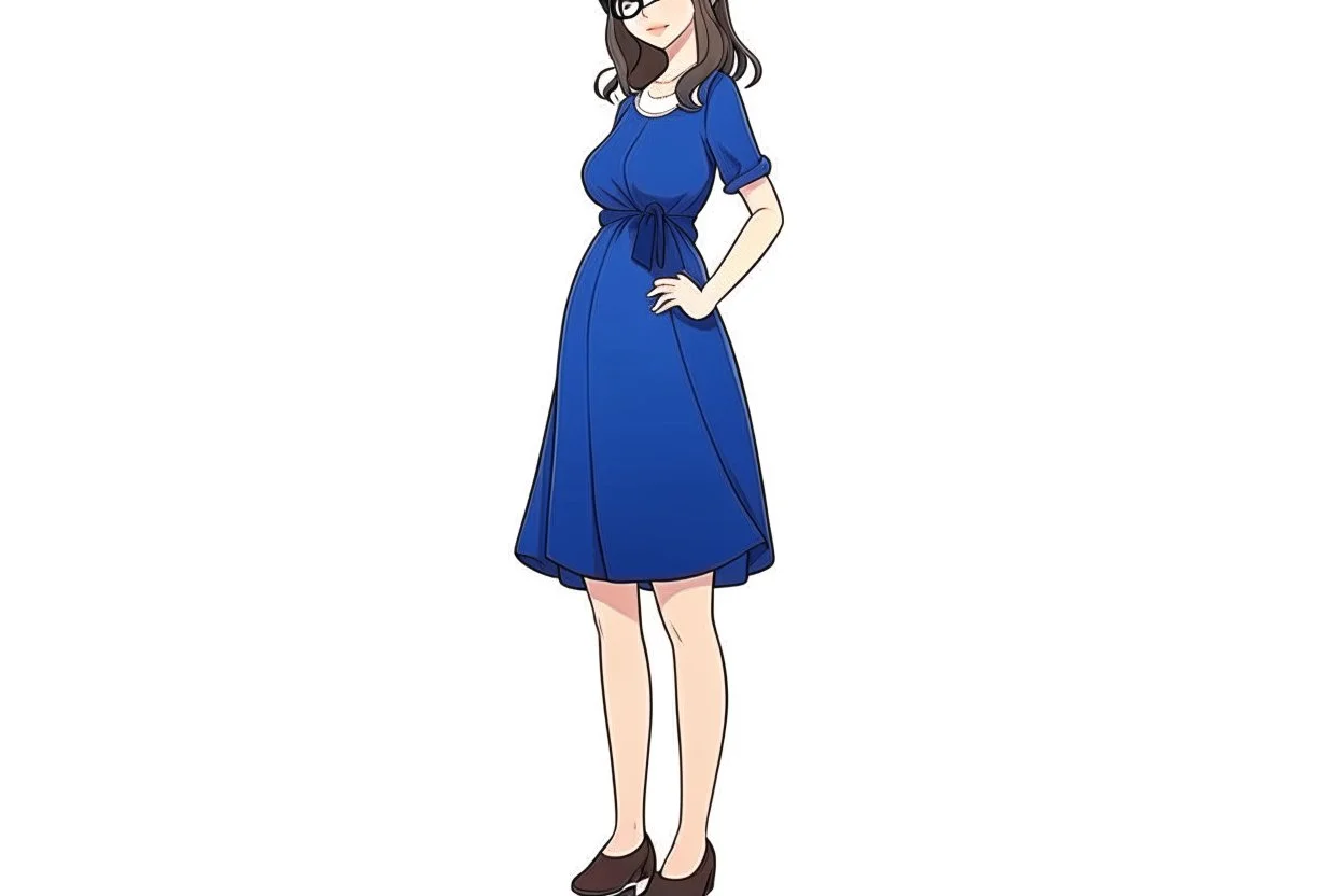 full body of a brown haired anime manga pregnant girl in dark blue dress with eyeglasses