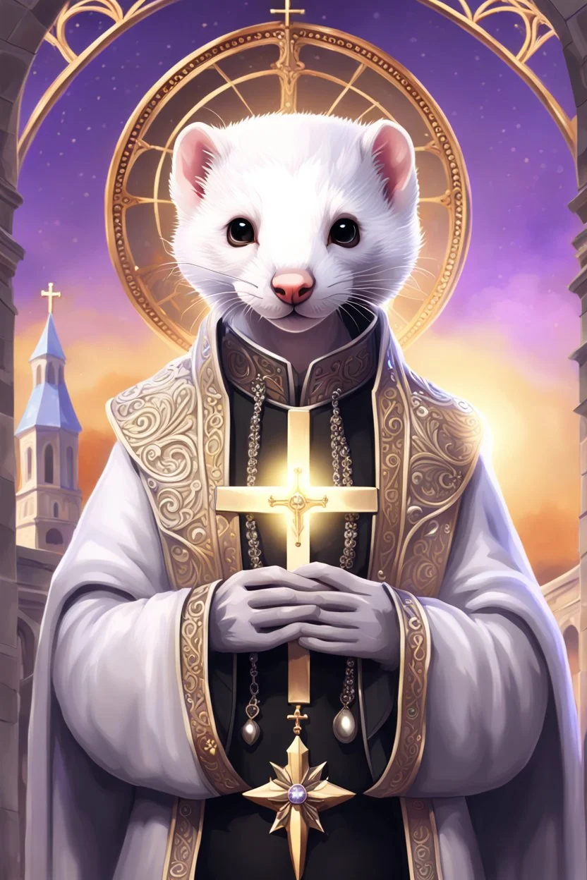 (anthropomorphic white ferret),dressed in ((cleric fantasy)) black clothes with silver holy ornaments, realistic anatomy, posing, cute face, fantasy inspire, fantasy church on background with warm sunshine lighty from behind, gloomy atmosphere, (((high angle shot))), purple armband, The holy icon style, RTX, praying, close eyes