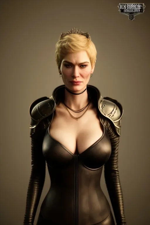 Cersei Lannister as evil dominatrix in black leather, busty, cleavage, curvy, lena headay, angry, stern look. character design by cory loftis, fenghua zhong, ryohei hase, ismail inceoglu and ruan jia. unreal engine 5, artistic lighting, highly detailed, photorealistic, fantasy