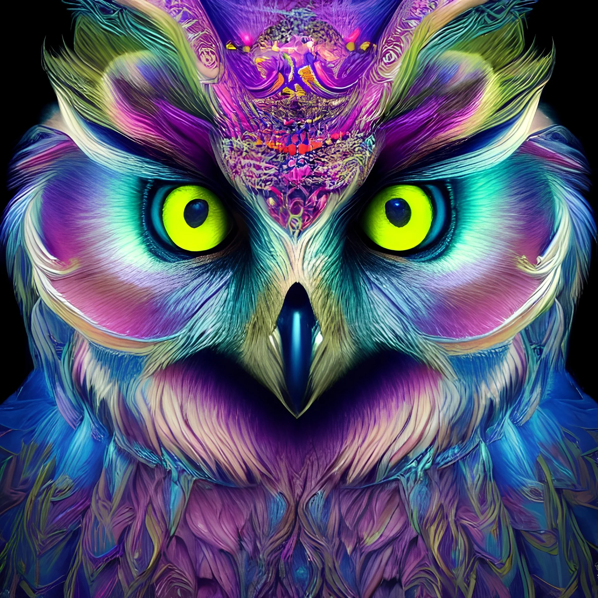 A portrait of a magical creature, mythical, fantasy , magnificent, majestic, highly intricate, Realistic photography, incredibly detailed, ultra high resolution, 8k, complex 3d render, cinema 4d, owl/fox, creature hybrid, high resolution photo, trending on artstation, psychedelic, blacklight colors, mandala