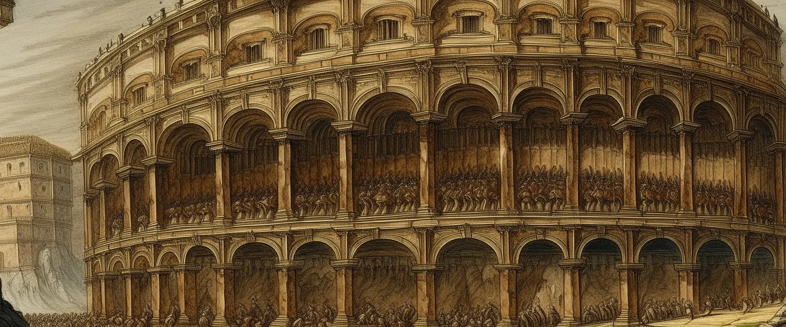 A brown coliseum with stone golems painted by Albrecht Durer