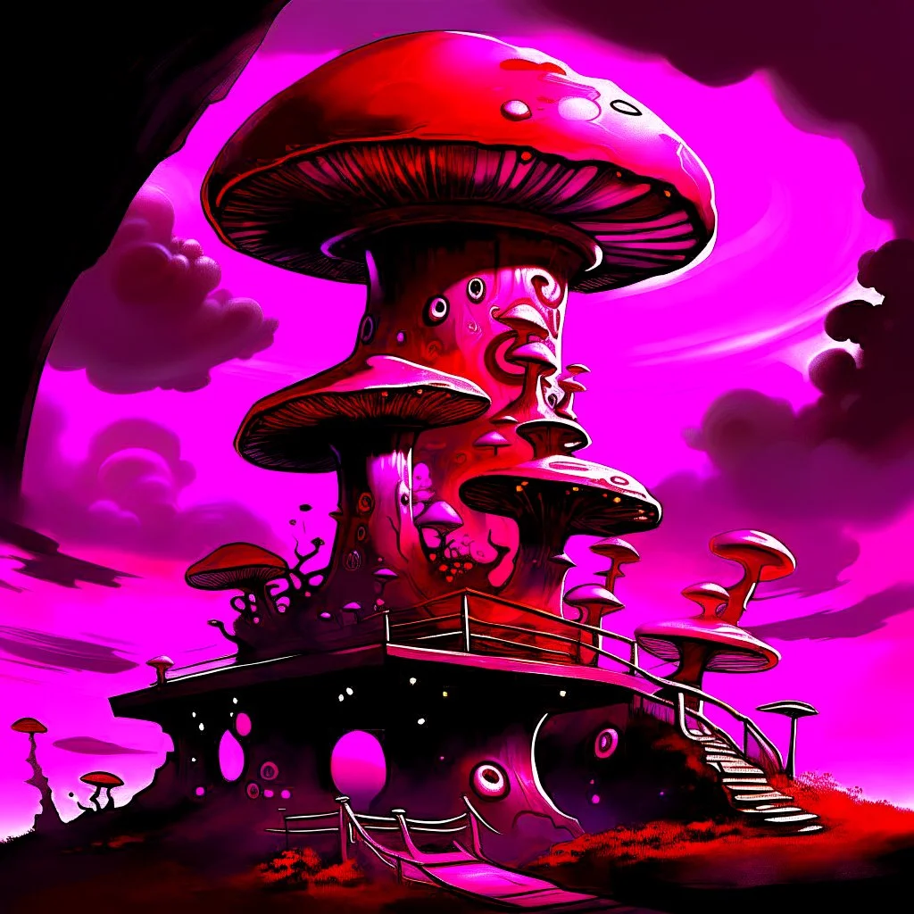 A fantabulous black, magenta and red (((mushroom tower house))) erected atop a (geologic pillar), surrounded by the uncanny imaginative ((( swirling skies))), offset by the stark hues of a (neon-tinged nebulous space scape), within. captured by the hand a skilled master painter with a focus on (softly blurred compositions and voluminous lighting).