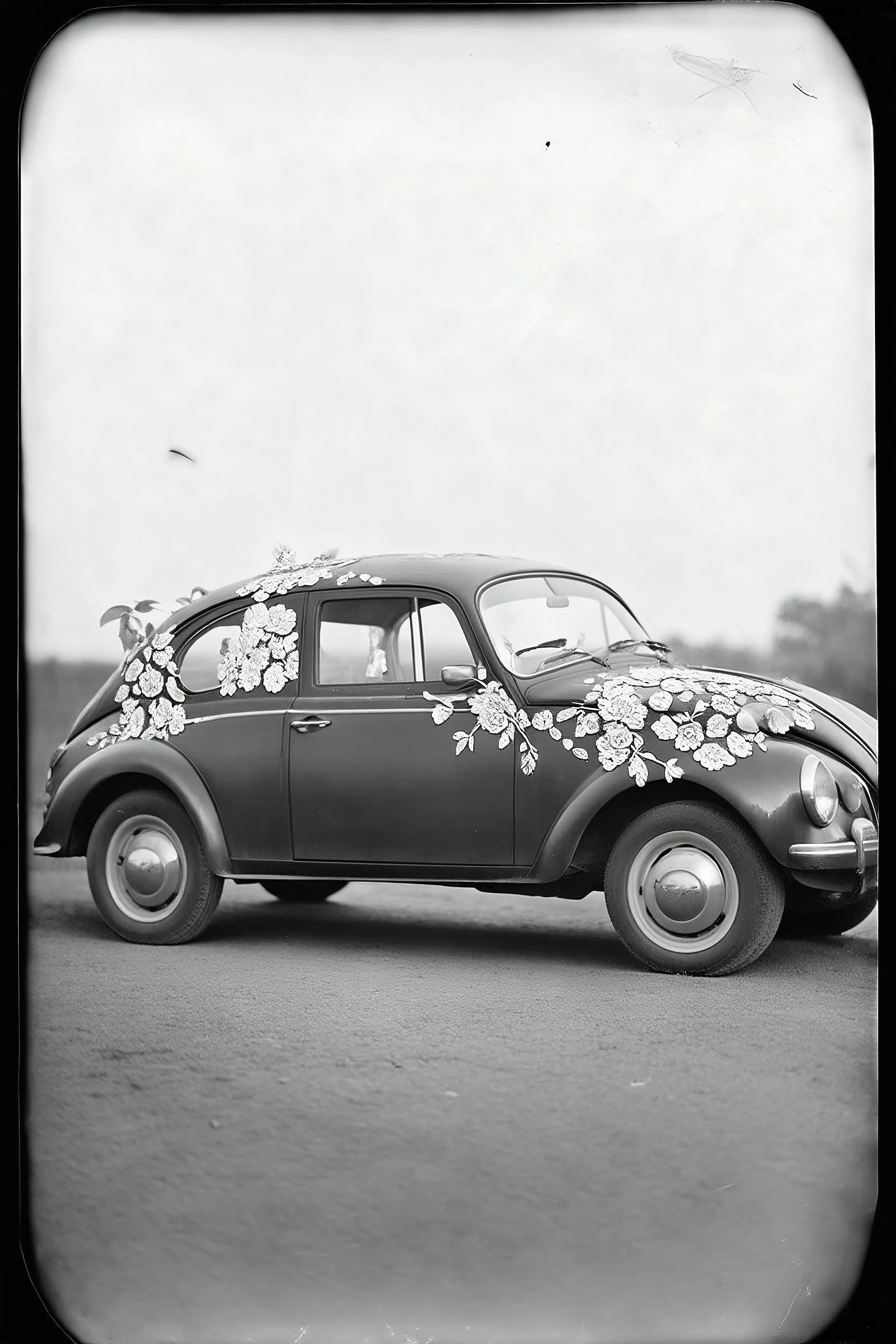Une voiture avec des fleurs brodees, , tintype