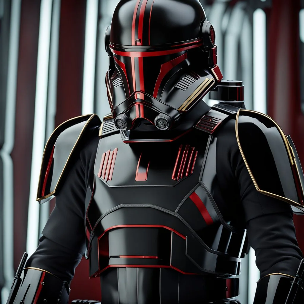 star wars bald male corellian pilot wearing pearlescent black and gunmetal grey First Order special forces heavy assault stealth commando armor and helmet with gold and red trim inside the jedi temple, hyperdetailed, dynamic lighting, hyperdetailed background, 8k resolution, volumetric lighting, light skin, fully symmetric details