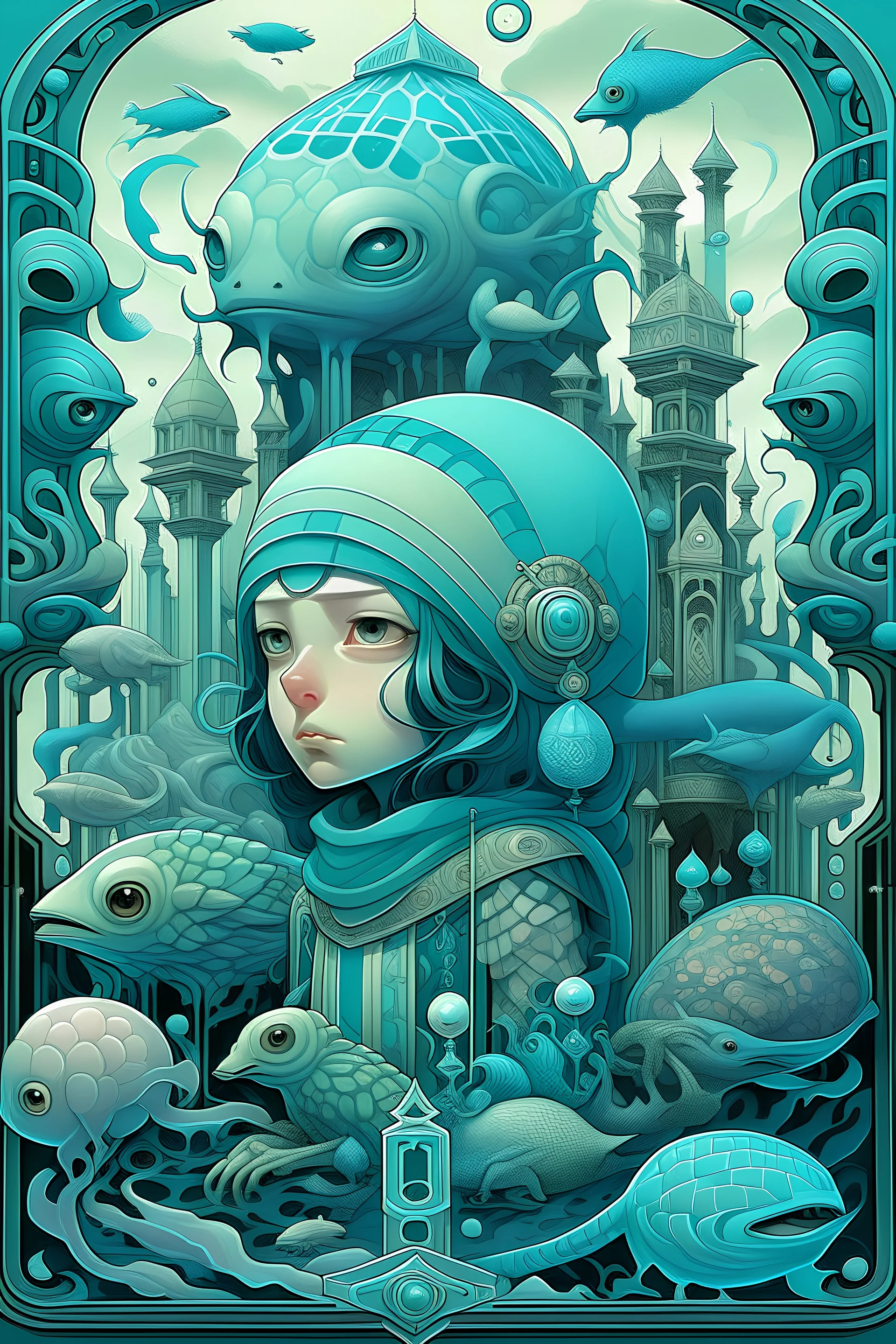 Sticker Cute Storoked : iridescent, scales, islamic architecture, blues, textured, intricate, ornate, shadowed, pale muted colors, 3D, highly detailed, deco style, by Tim Burton, by Dale Chihuly, by Hsiao-Ron Cheng, by Cyril Rolando, by h. r. giger $plastic$ grid:true