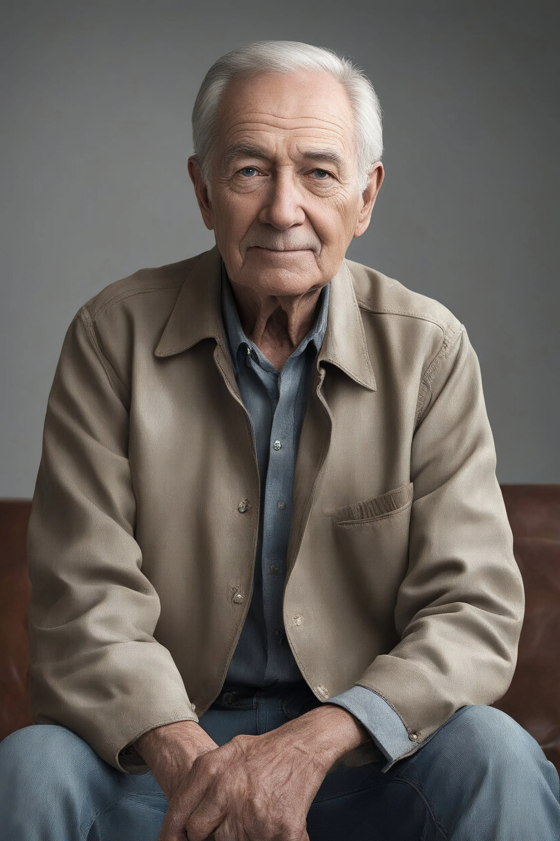 Full Color image, 8k, Ultra-HD, hyper realistic, Photorealistic, focused, fine detail, professional photo, beautiful -- head to shoulder pose, 80-year-old Harold Kendall sitting facing almost forward, thin, bowl-cut, gray hair, mustache, medium build, tan leather jacket with wide collar, light blue button up shirt, Blue Jeans, Elvis Presley shoes