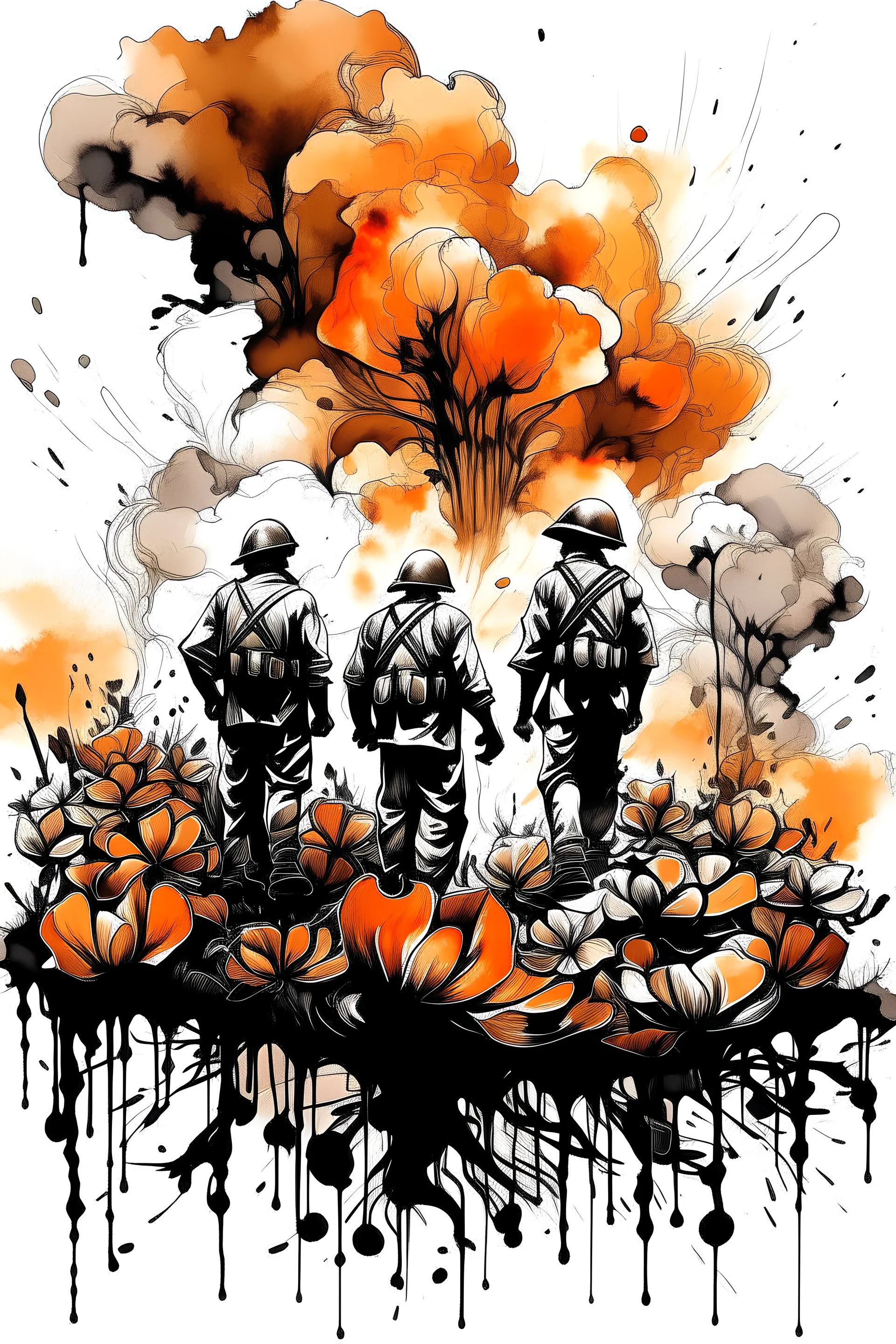 3cpo "war in sudan" , concept art, water color, water color effect, splash,use orang & black & white, logo design,white background, big cotton flowers burn by fire