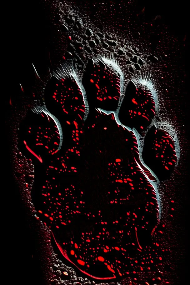 Striking image of a lion paw print, sandblasted special effect in silver and red, standing out on a black background