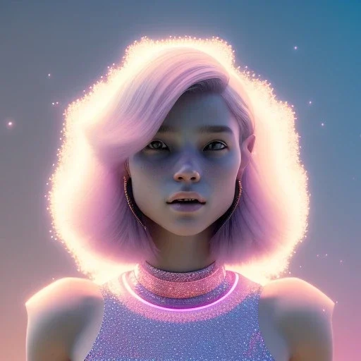 A portrait of a crystalised girl,smiling, longs hairs, atmospheric, realistic, cinematic lighting, octane render, pink blue light, 8k, , galactic atmosphere, flowers