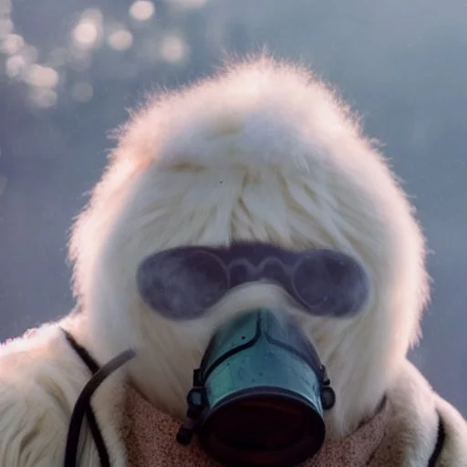 subject = (Yeti in a mask) background = (wildfires, mountains, fires, smoke, disaster)