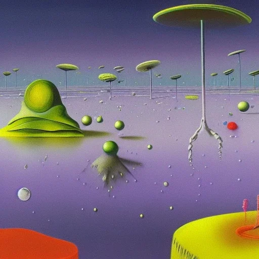 sureal landscape in microcosm with bacteria and viruses by yves tanguy and dr seuss