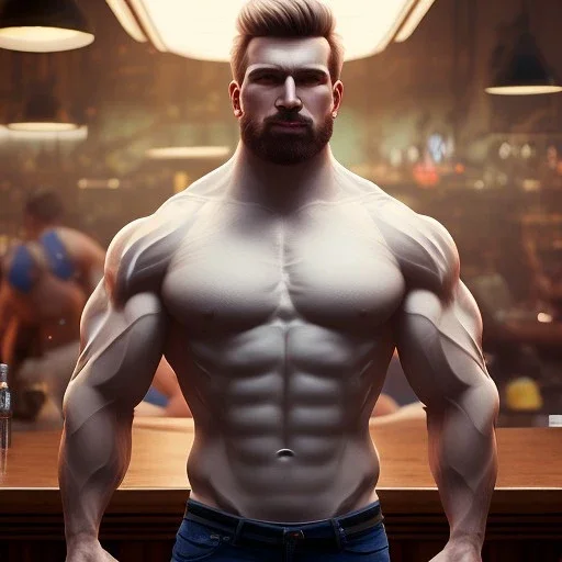 large muscular man wearing a white shirt, big belly, puffed out blonde hair, standing in a bar, illumination, brilliant coloring, smooth, sharp focus, crispy quality, vray; Artstation; HD, HDR, SF, CGSociety, 16k, photorealistic, unreal engine