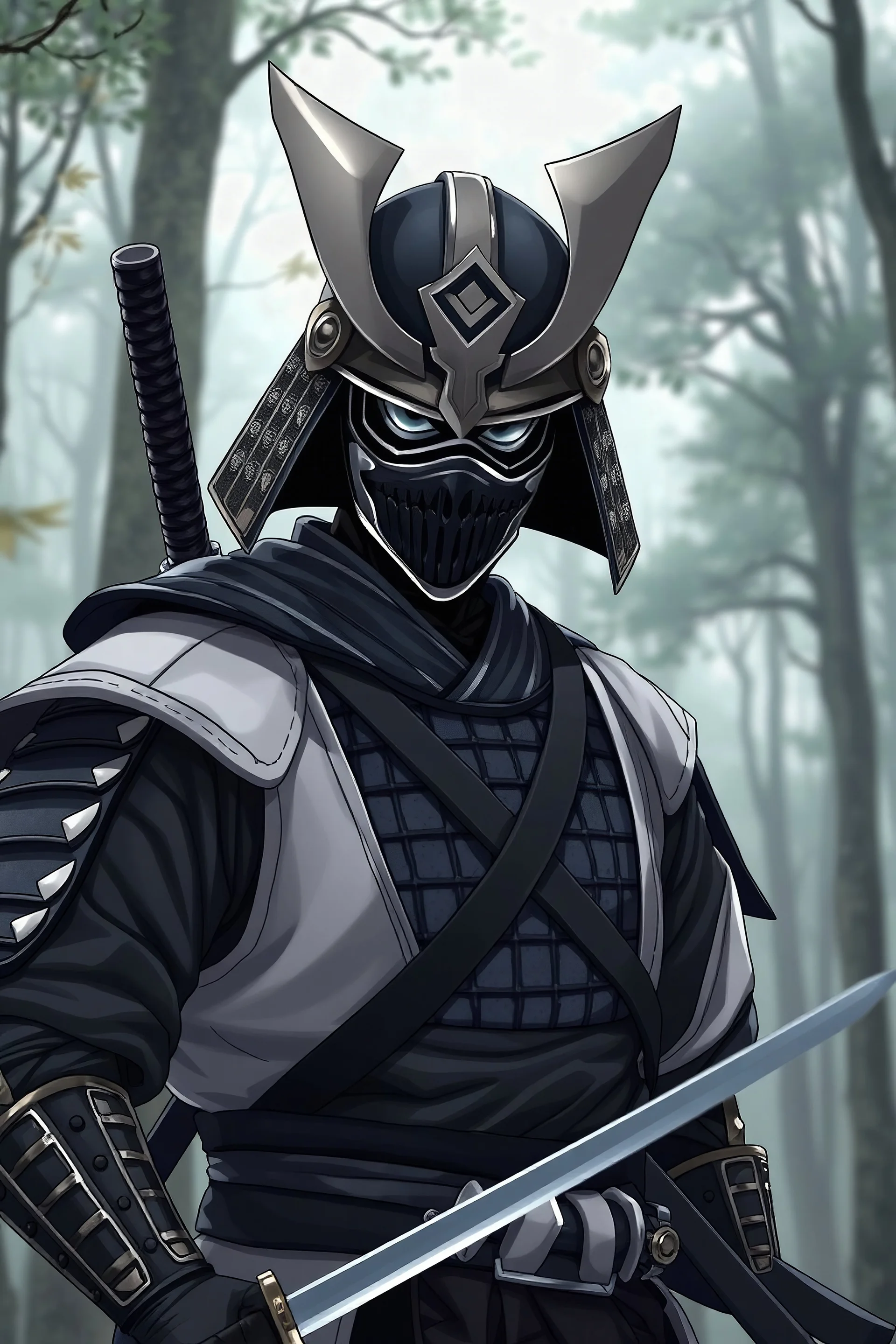 portrait , heroic pose ,samurai warrior black and white armor and a mask, long katana , anime style, background in the forest